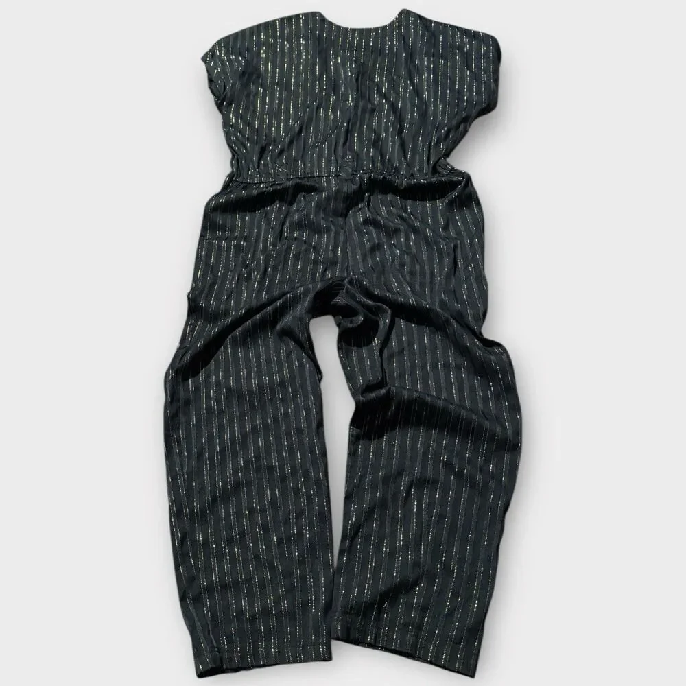 Free People Lurex Black Gold Metallic Stripe Jumpsuit Womens Large - No Belt